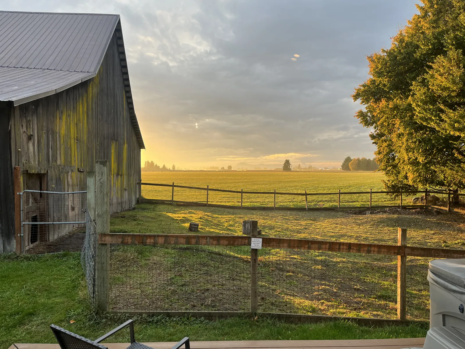 A barn and open field at sunrise in the Pacific Northwest